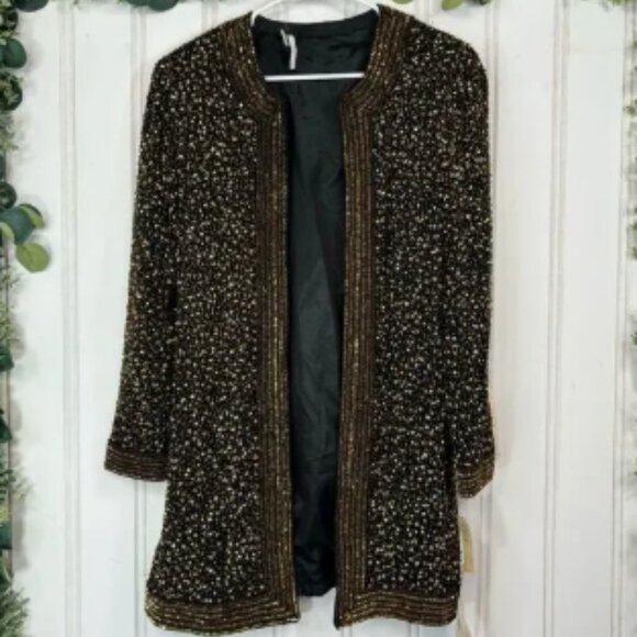 Niteline by Della Roufogali Evening Jacket SMALL Black Gold Silk Sequin Vintage - Picture 1 of 7